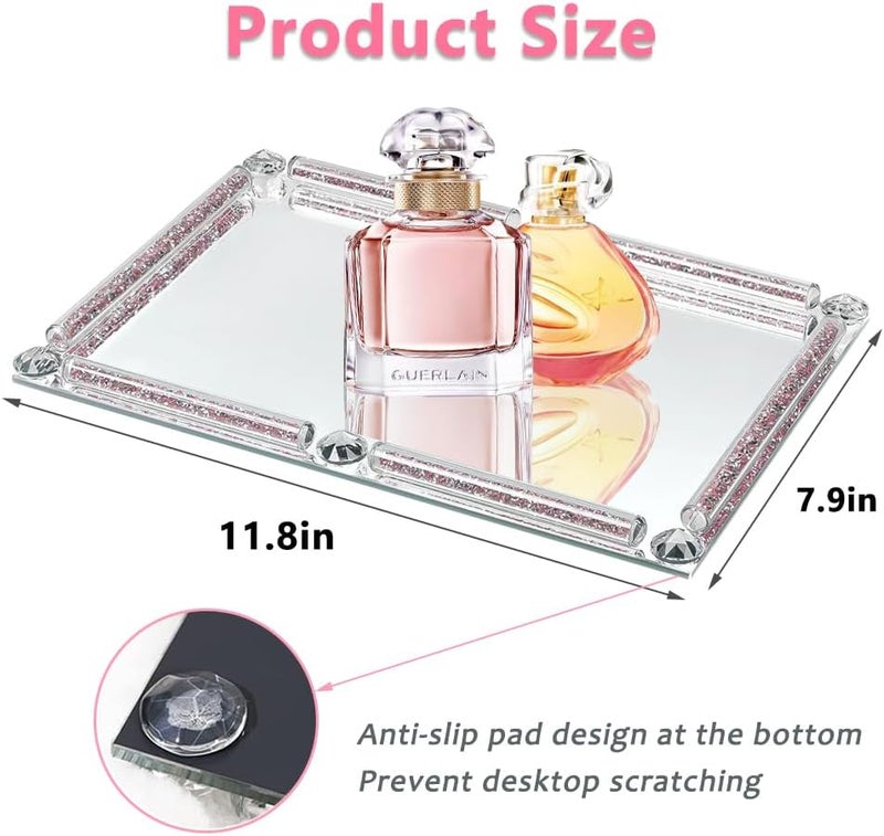LFGKeng Crystal Perfume Tray,Crushed Diamond Filled Crystal Glass Tray,11.8" x 7.9" Rectangular Cosmetic Makeup Vanity Trays,Mirror Jewelry Trinket Tray,Serving Tray for Home Decor,Party,Hotel Banquet (Rose) - Image 2